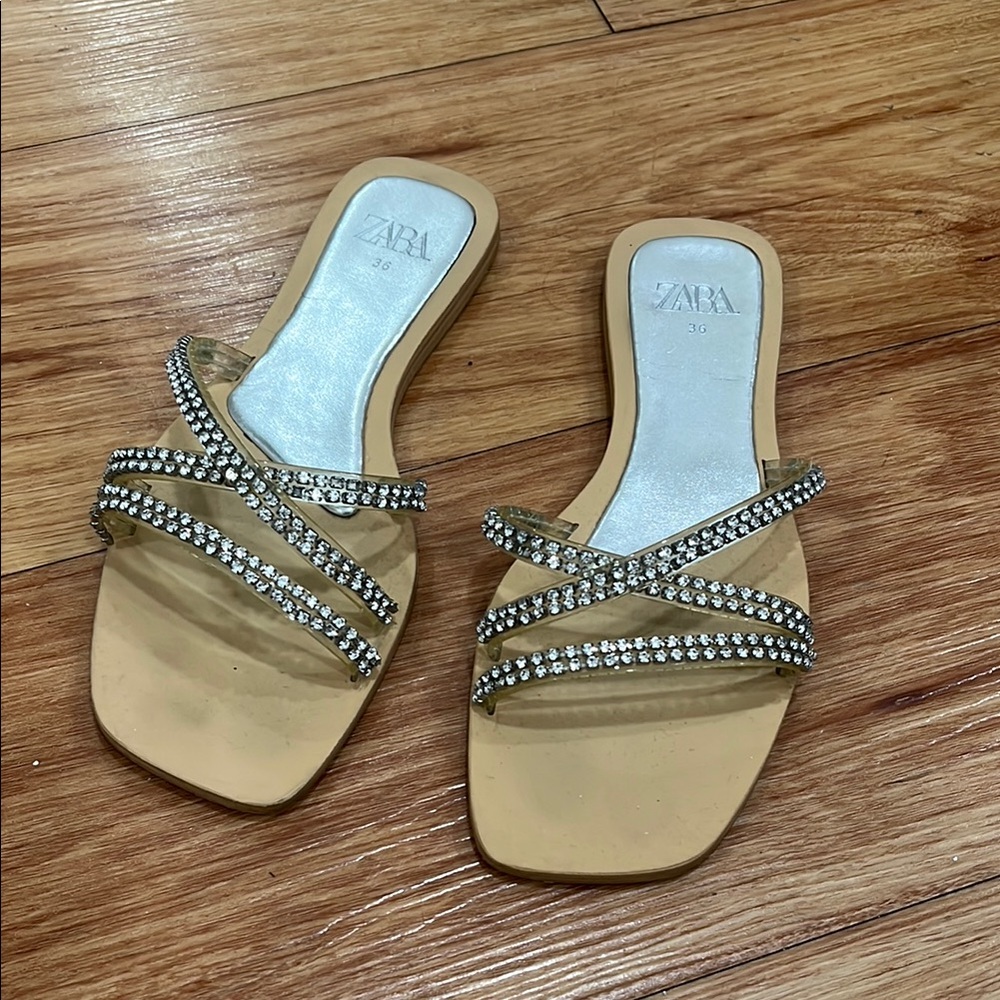 Zara Women's Tan Sandals with Rhinestone Straps